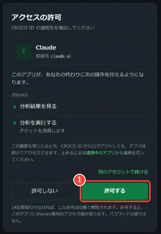 CROCO ID の「アクセスの許可」の画面。接続先は claude.ai、許可する操作は「分析結果を見る」と「分析を実行する」。「許可する」ボタンに枠